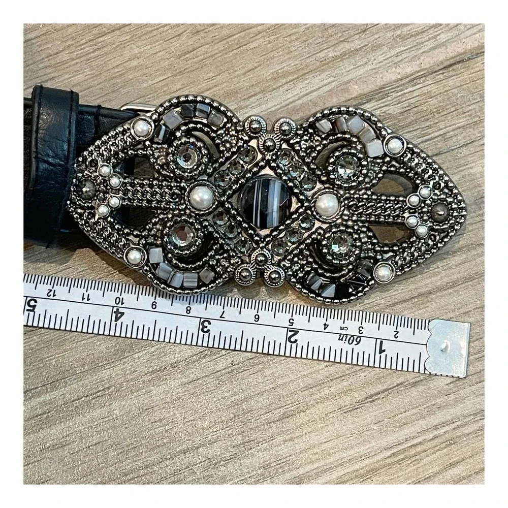 Leatherock Black Embellished Studded Buckle Genuine Leather Belt M34